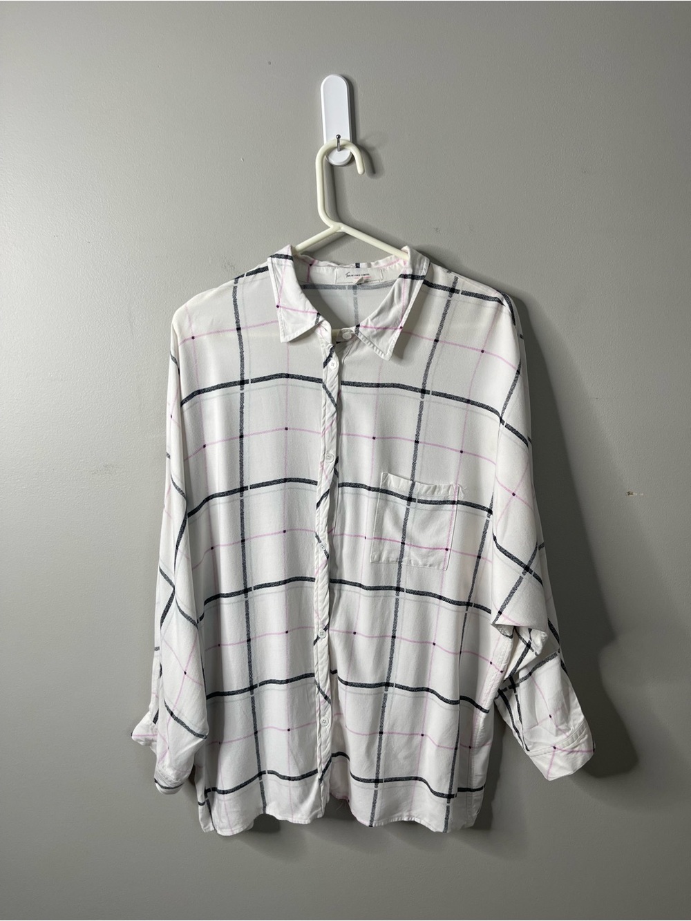 TWO BY VINCE CAMUTO White Windowpane Plaid Dolman Sleeve Button-Down Shirt Sz L